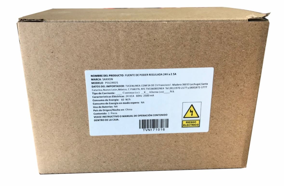 SAXXON PSU24025 - Fuente de Poder de 24 Vca a 2.5 Amperes/ Cable de 2.5 Metros/ Entrada 110 Vca/ Protección contra Sobre Cargas/ SAXXON PSU24025 - Fuente de Poder de 24 Vca a 2.5 Amperes/ Cable de 2.5 Metros/ Entrada 110 Vca/ Protección contra Sobre Cargas/